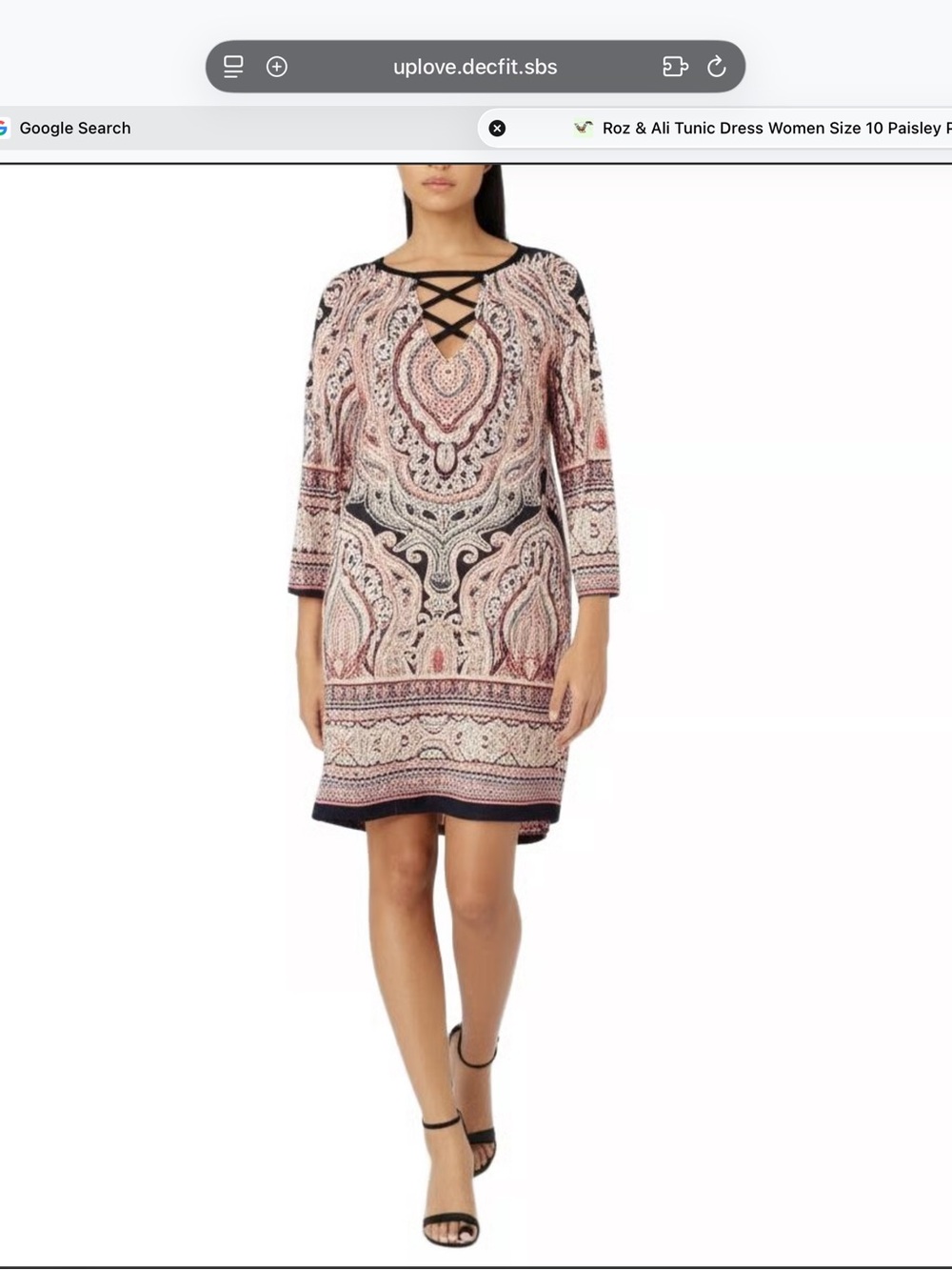 Roz & Ali Tunic Dress Women Paisley Print Keyhole Crisscross Boho Pre-loved